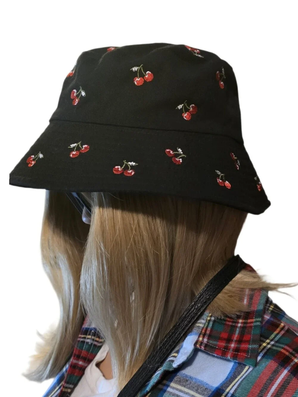 Forever 21 Black Cherry Embroidered Bucket Hat Sun Cap EUC